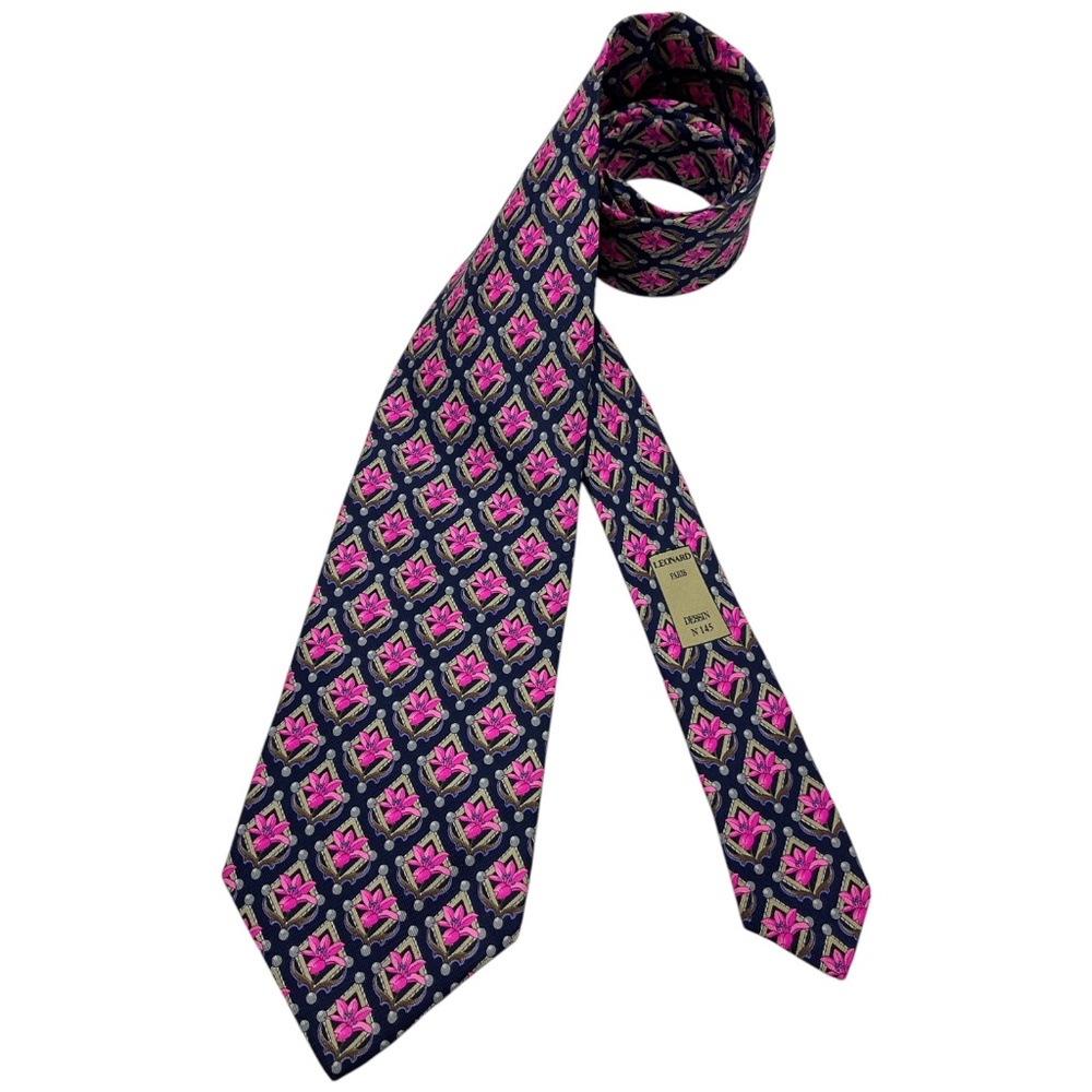 🆕LEONARD Navy/Pink Geometric Floral Silk LUXURY Tie ITALY